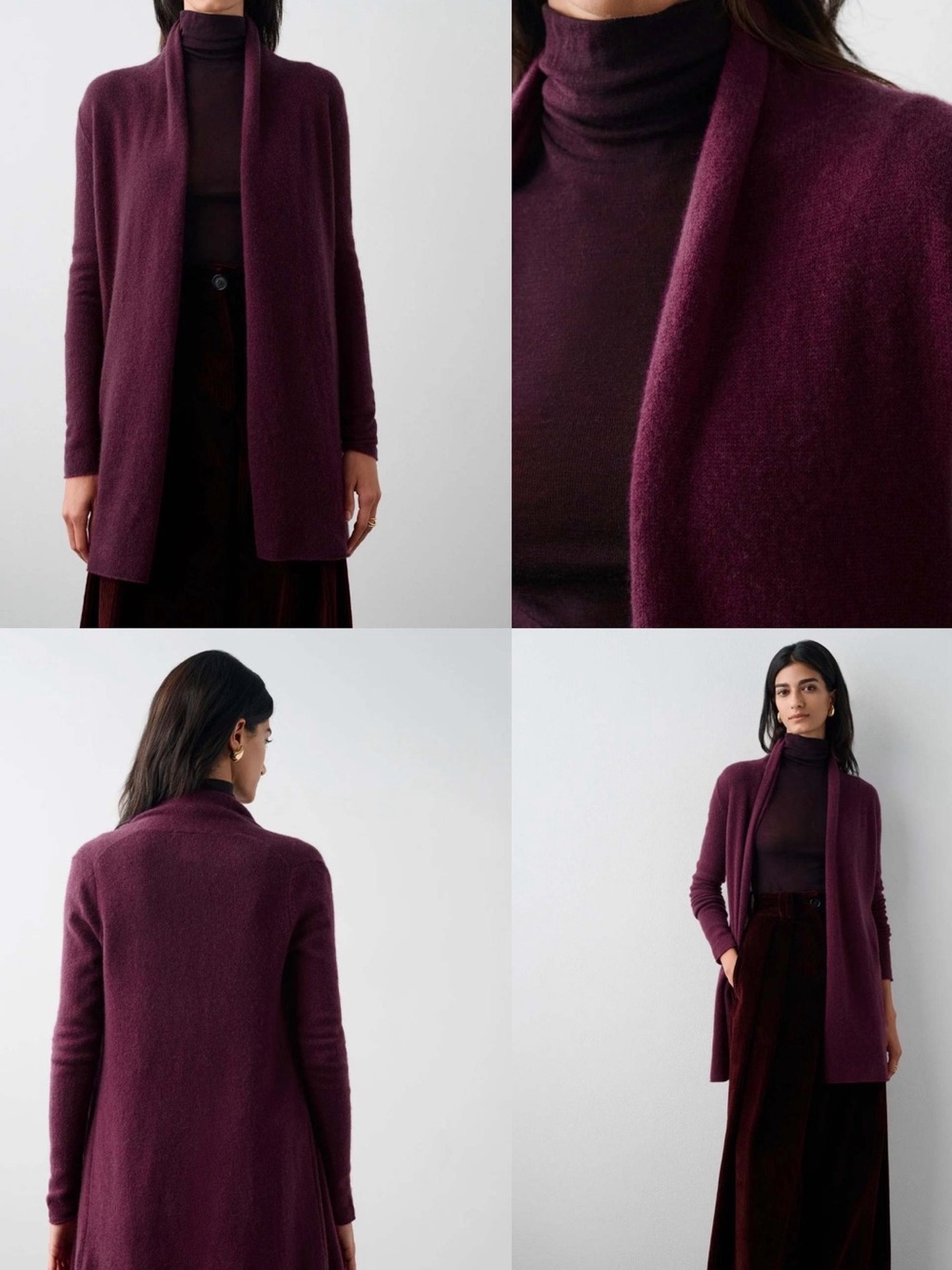 White + Warren Cashmere Open Front Trapeze Cardigan in Deep Plum size xs